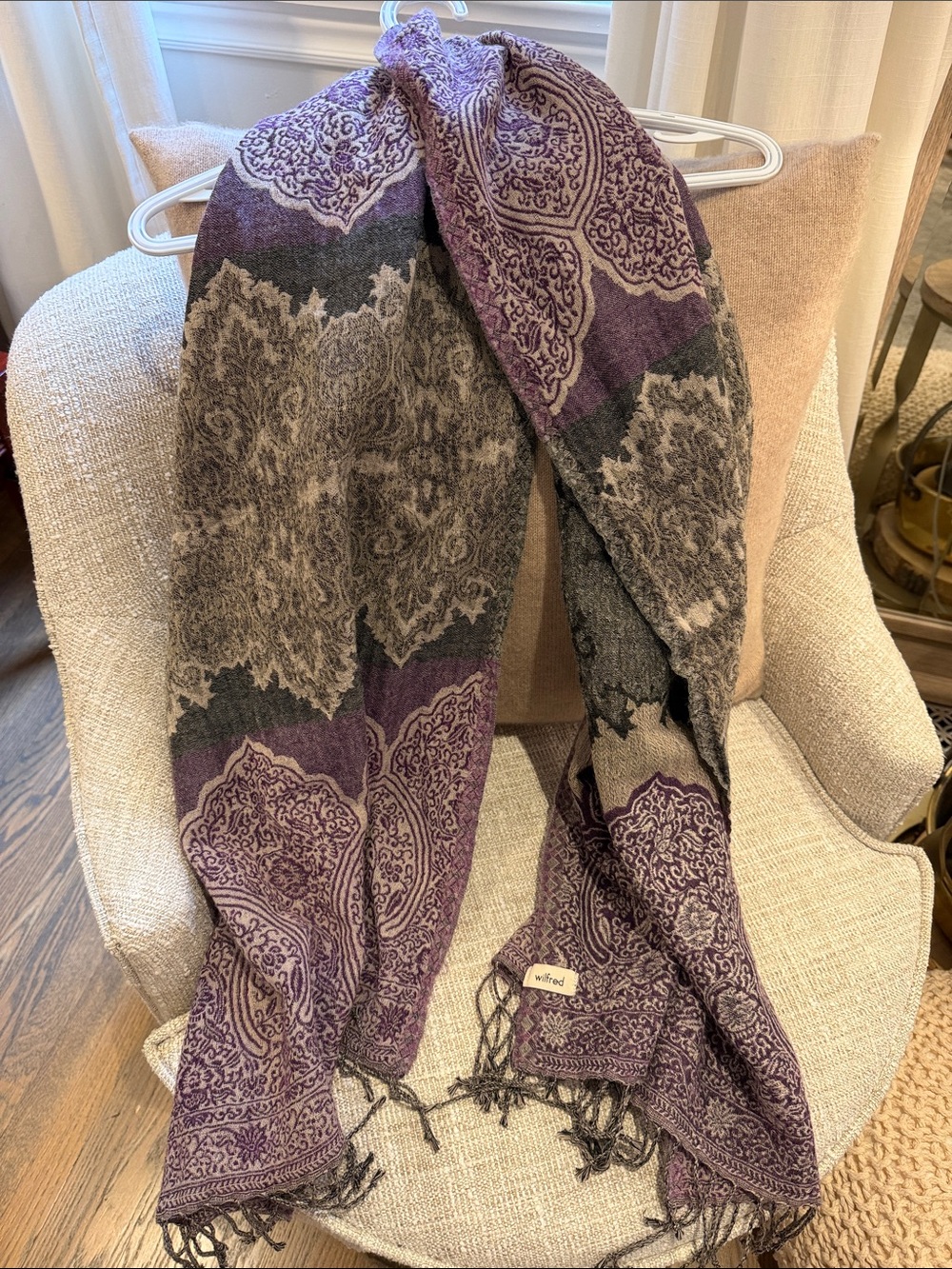 Wilfred Purple and Gray Patterned Fringe Scarf